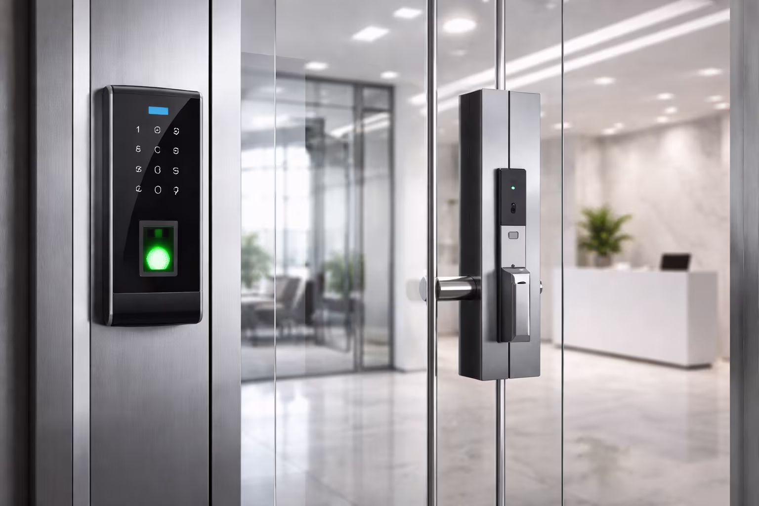 porte d'entrée en verre d'un entreprise avec contrôle d'accès